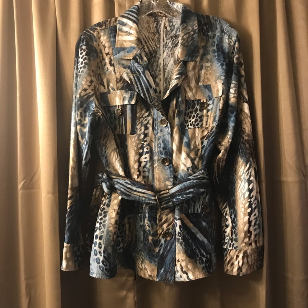 Women’s blazer, jacket, Y2K-Tan, blue, black animal print
